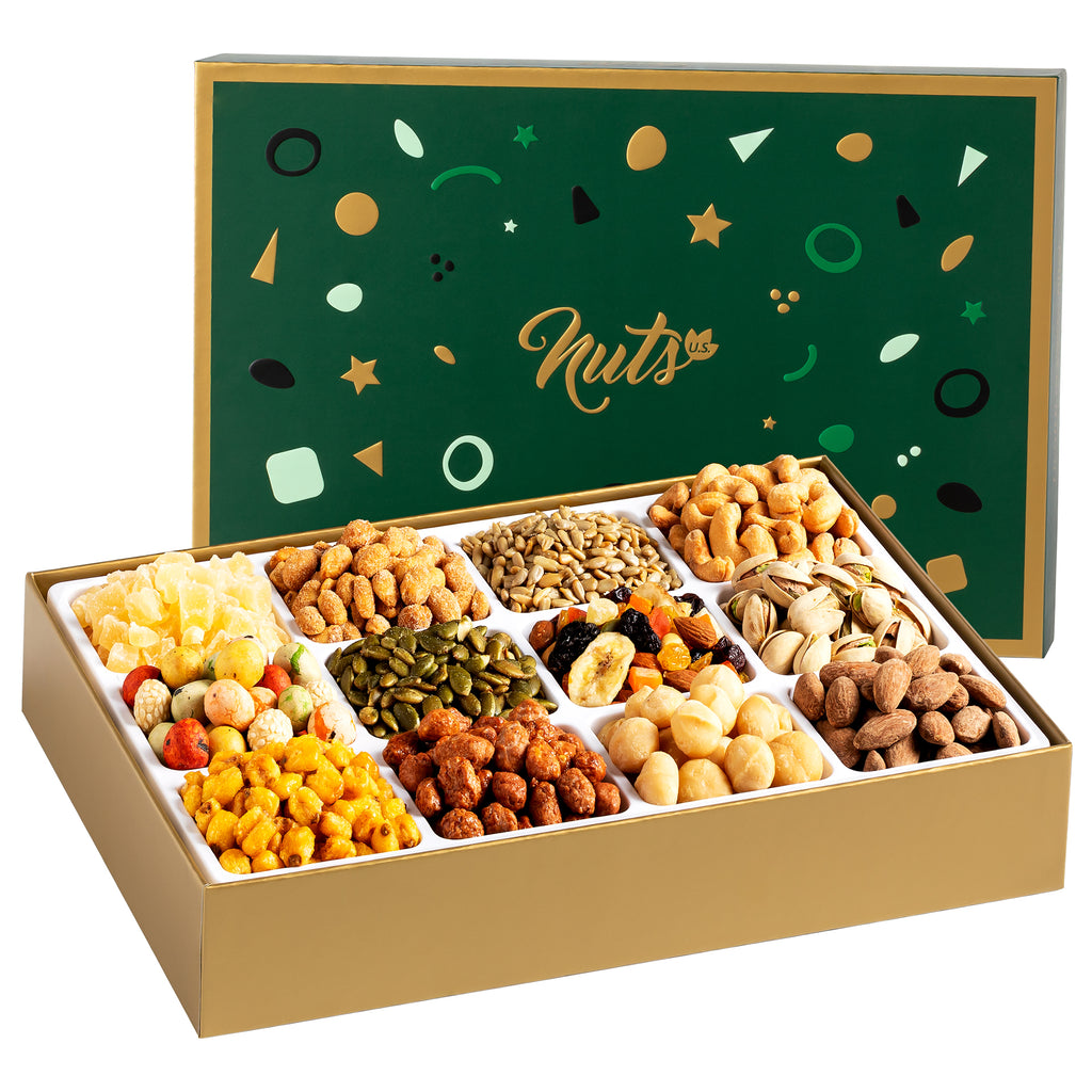 Nuts US holiday gift basket with 12 varieties
