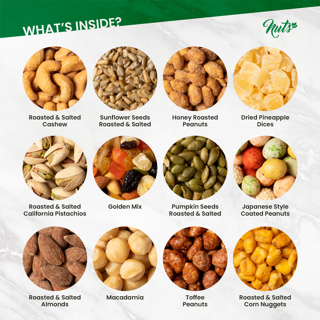 Image showing what is inside the holiday gift basket with 12 varieties
